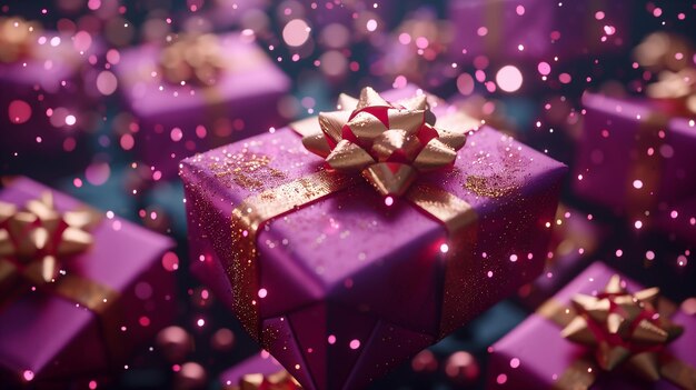 3D renderizado Celebrar la fiesta púrpura y oro grandes cajas de regalos flotando en el aire