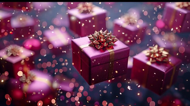 3D renderizado Celebrar la fiesta púrpura y oro grandes cajas de regalos flotando en el aire