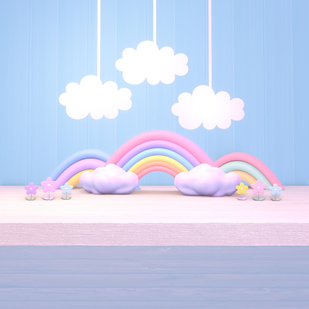 3d renderizado colgando nubes de papel, arco iris y flores en la mesa de madera.