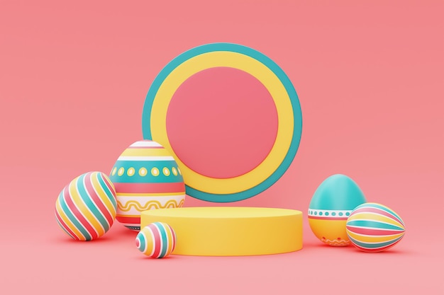 3d renderizado de coloridos huevos de pascua con podiofeliz concepto de vacaciones de pascuaestilo minimalistarenderizado en 3d