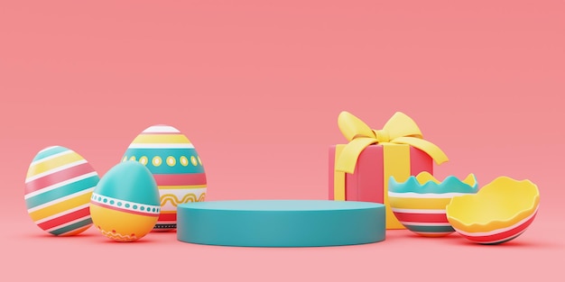 3d renderizado de coloridos huevos de pascua con podiofeliz concepto de vacaciones de pascuaestilo minimalistarenderizado en 3d