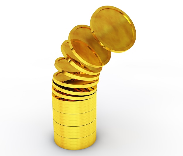 3D renderizado com moedas de ouro com falha, isoladas no branco