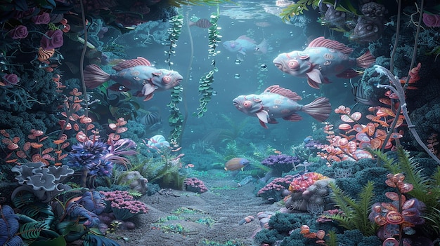 3D renderizado componen un mundo submarino surrealista habitado por criaturas marinas místicas