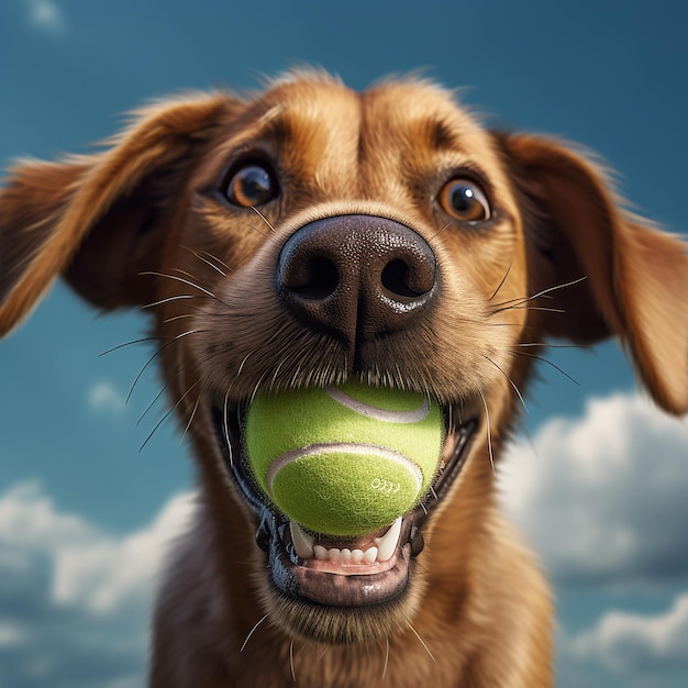 Foto 3d renderizado de perto de um cão segurando uma bola de tênis na boca imagem engraçada com cão