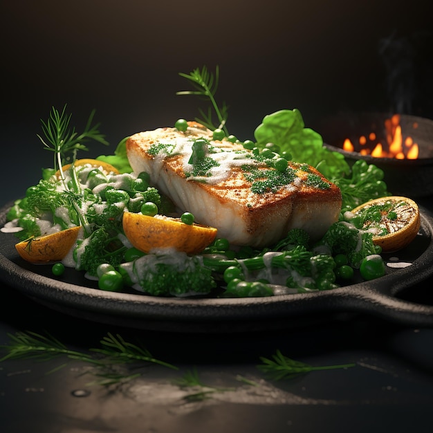 3d renderizado Delícia saborosa Filete de peixe branco com verduras