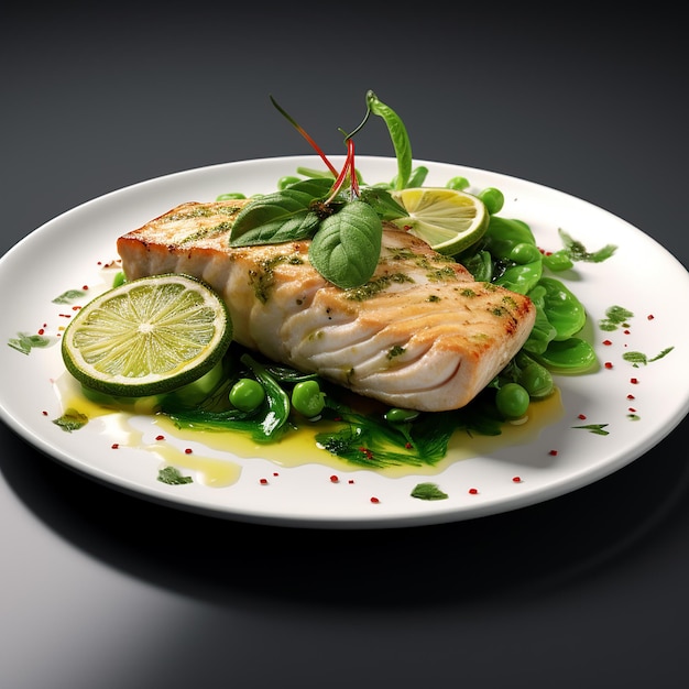 3d renderizado delicioso filete de pescado blanco con verduras