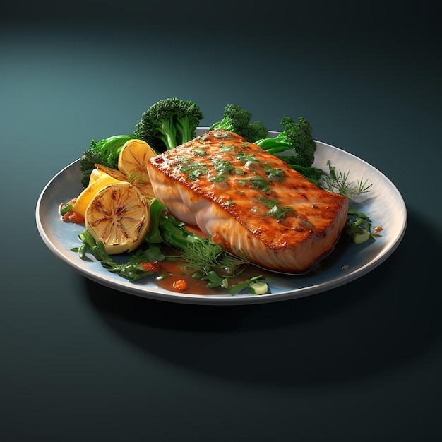 3d renderizado delicioso filete de pescado blanco con verduras