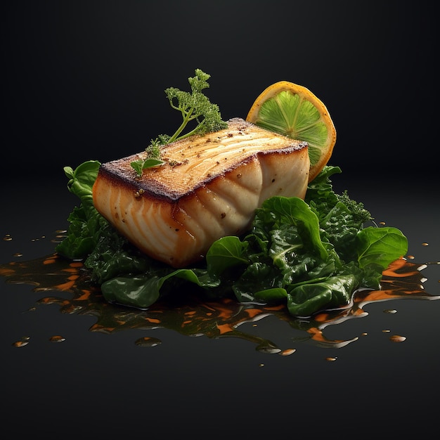 3d renderizado delicioso filete de pescado blanco con verduras