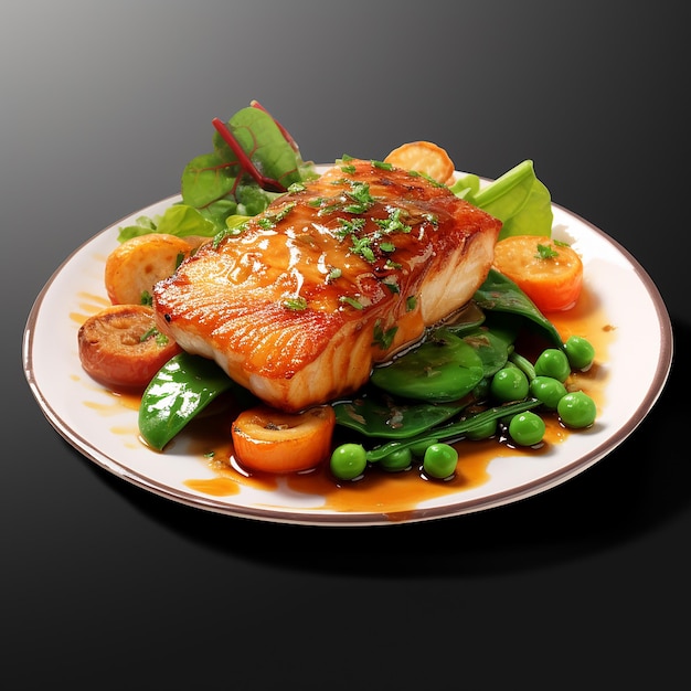 3d renderizado delicioso filete de pescado blanco con verduras