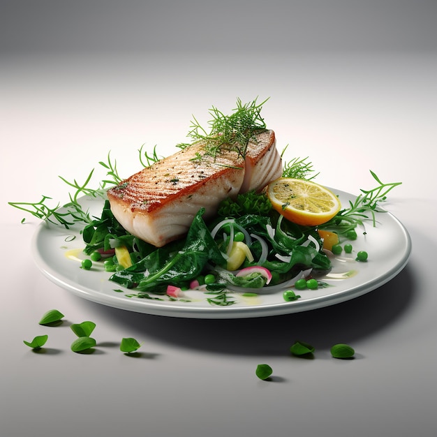 3d renderizado delicioso filete de pescado blanco con verduras