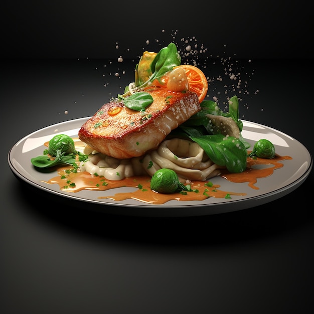 3d renderizado delicioso filete de pescado blanco con verduras