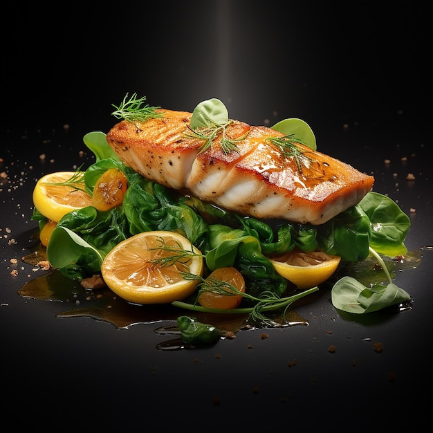 3d renderizado delicioso filete de pescado blanco con verduras