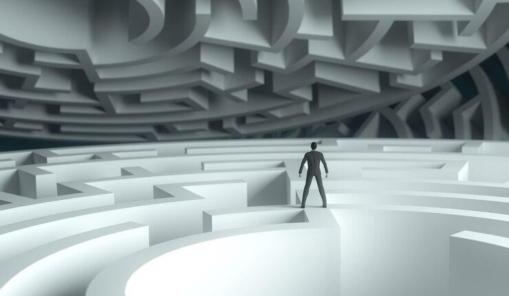 Foto 3d renderizado empresario de pie sobre un laberinto