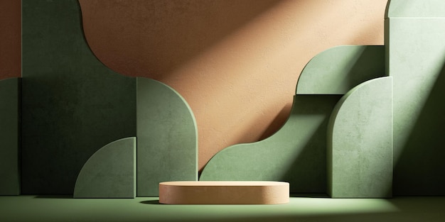 3d renderizado de escaparate minimalista moderno con podio vacío y formas geométricas verdes abstractas