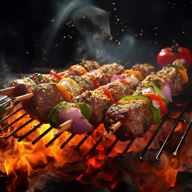 Foto 3d renderizado espigas de churrasco kebabs de carne com vegetais em grelha em chamas