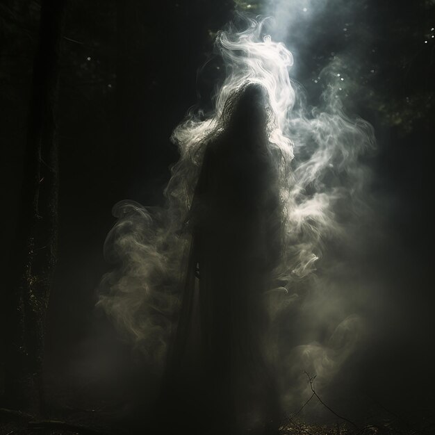 Foto 3d renderizado un fantasma de humo gritando en el bosque nocturno