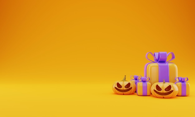 3d renderizado fondo de halloween con caja de regalo y calabazas 3d render ilustración