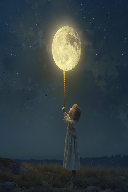 3d renderizado hermoso fotorrealista un niño sosteniendo la cuerda que está atada con la luna en la noche