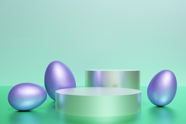 3d renderizado de huevos morados y podios brillantes sobre un fondo azul y menta para Pascua