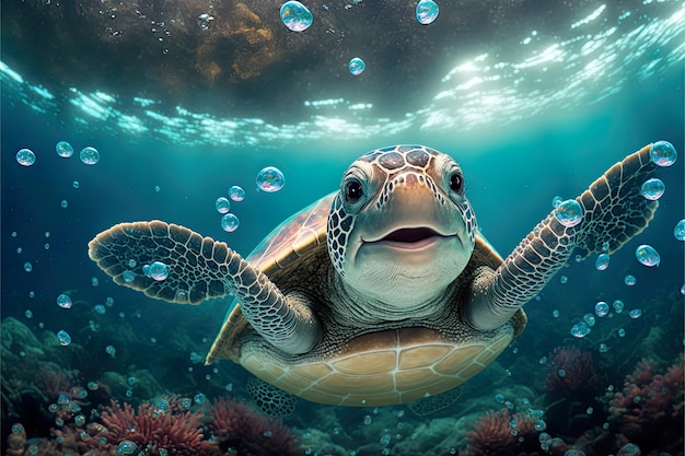 3D renderizado linda tortuga sonriendo bajo el mar