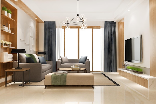 3d renderizado loft sala de estar escandinava con mesa de trabajo y estantería