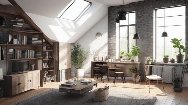 3d renderizado loft sala de estar escandinava con mesa de trabajo y estantería