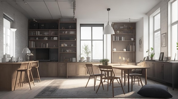 3d renderizado loft sala de estar escandinava con mesa de trabajo y estantería