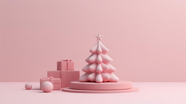 3d, renderizado, mínimo, rosa, árbol de navidad, adornado, con, regalos