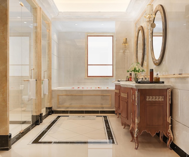 3d renderizado moderno baño blanco de madera y piedra
