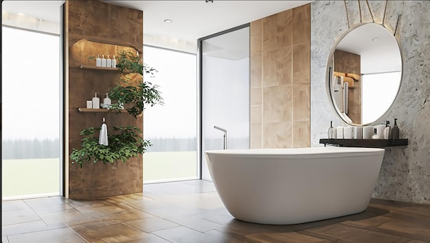 3d renderizado moderno baño blanco de madera y piedra