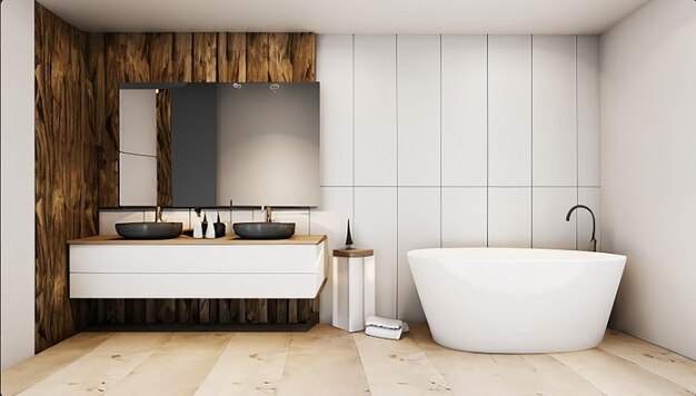 3d renderizado moderno baño blanco de madera y piedra