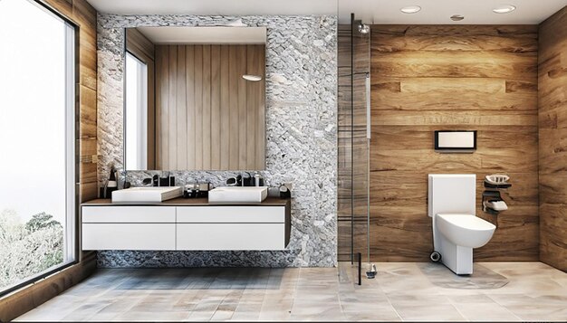 3d renderizado moderno baño blanco de madera y piedra