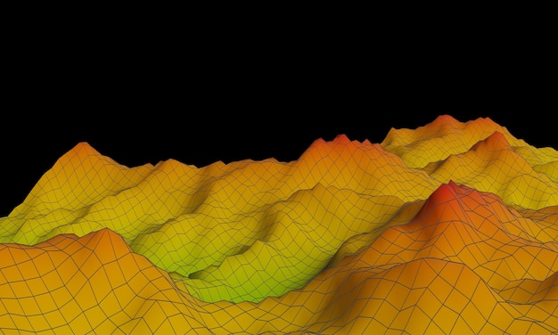 Foto 3d renderizado montanha topográfica com linhas de wireframe.