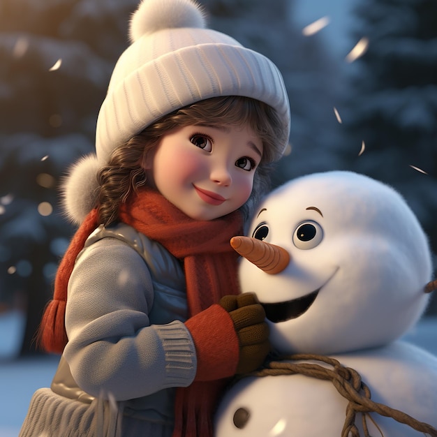 3D renderizado una niña con cara sonriente haciendo un muñeco de nieve