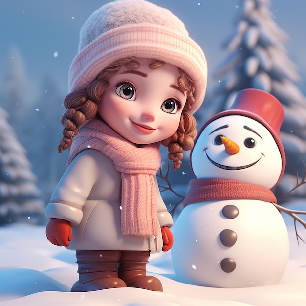 Foto 3d renderizado una niña con cara sonriente haciendo un muñeco de nieve