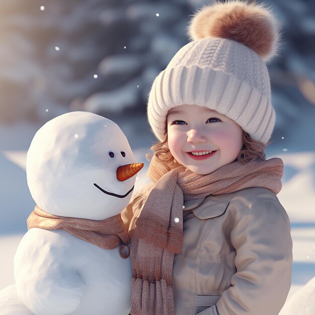 3D renderizado una niña con cara sonriente haciendo un muñeco de nieve