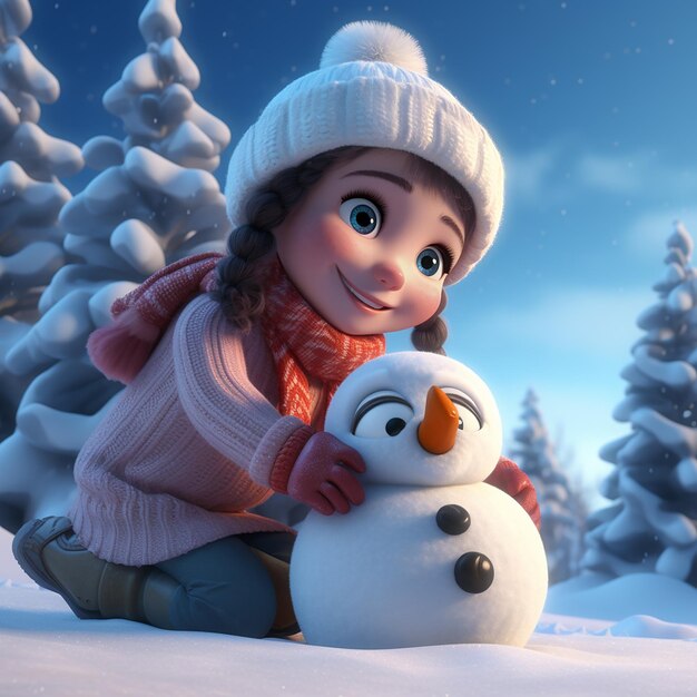 Foto 3d renderizado una niña con cara sonriente haciendo un muñeco de nieve