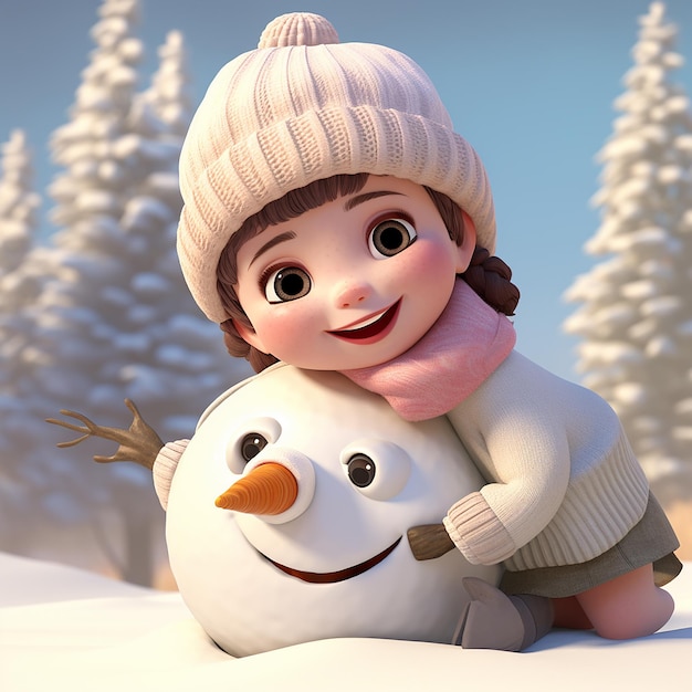 Foto 3d renderizado una niña con cara sonriente haciendo un muñeco de nieve