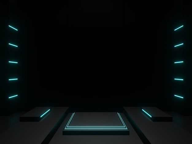 3D renderizado palco científico preto com luzes de néon azuis