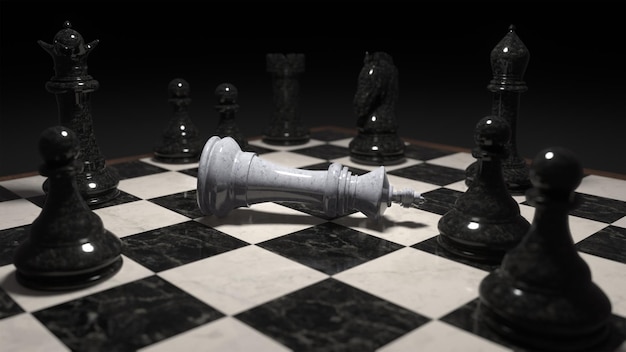 3d renderizado de piezas de ajedrez en el tablero El rey blanco es derrotado y yace rodeado de otras piezas Concepto de negocio