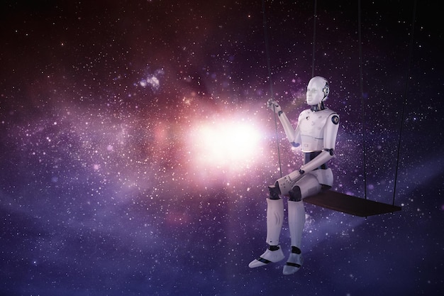 3d renderizado robot ai en columpio en galaxia