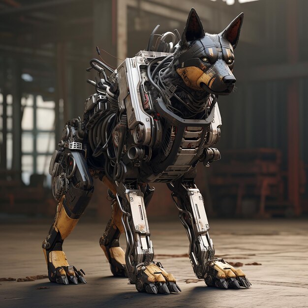 Foto 3d renderizado robot perro pastor alemán transformador de energía