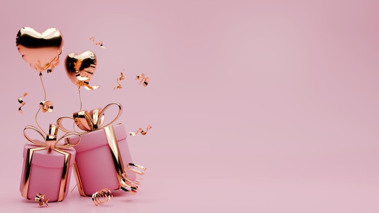 Foto 3d renderizado en rosa y oro de san valentín con temática de confeti, globos de amor y caja de regalo