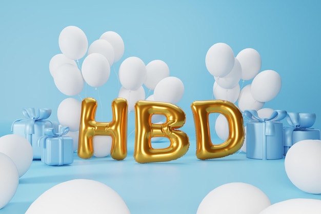 3d renderizado texto dorado HBD caja de regalo azul y composición de globos blancos sobre fondo azul