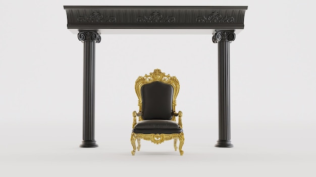 3d renderizado del trono del rey negro entre columnas negras pilar aislado sobre fondo blanco