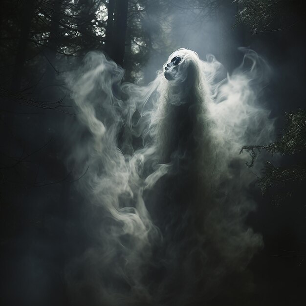 Foto 3d renderizado um fantasma de fumaça gritando na floresta noturna