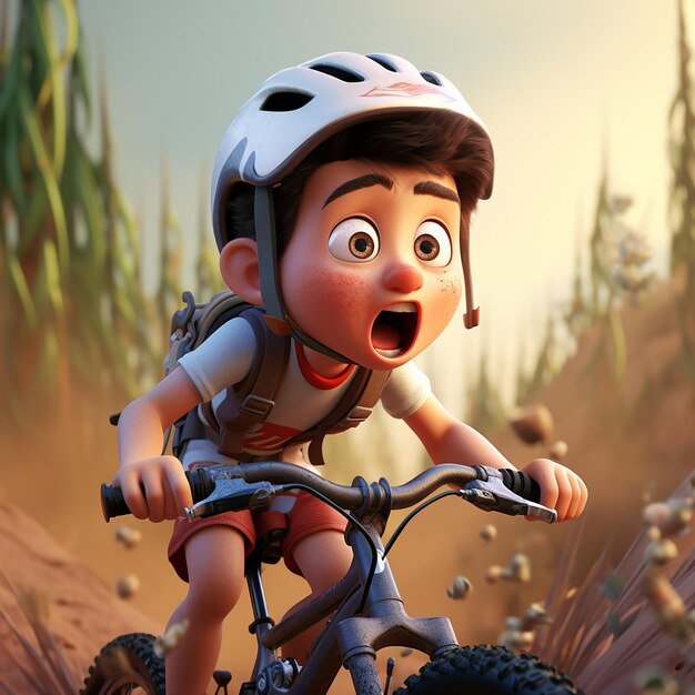 Foto 3d renderizado um menino em bicicleta salto de terra disney pixar assustado capacete preocupado