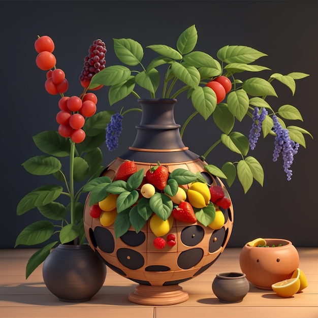 Foto 3d renderizado vaso de natureza morta com folhas e comida brasileira e ilustração de vaso de plantas