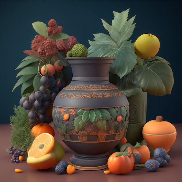 Foto 3d renderizado vaso de natureza morta com folhas e comida brasileira e ilustração de vaso de plantas