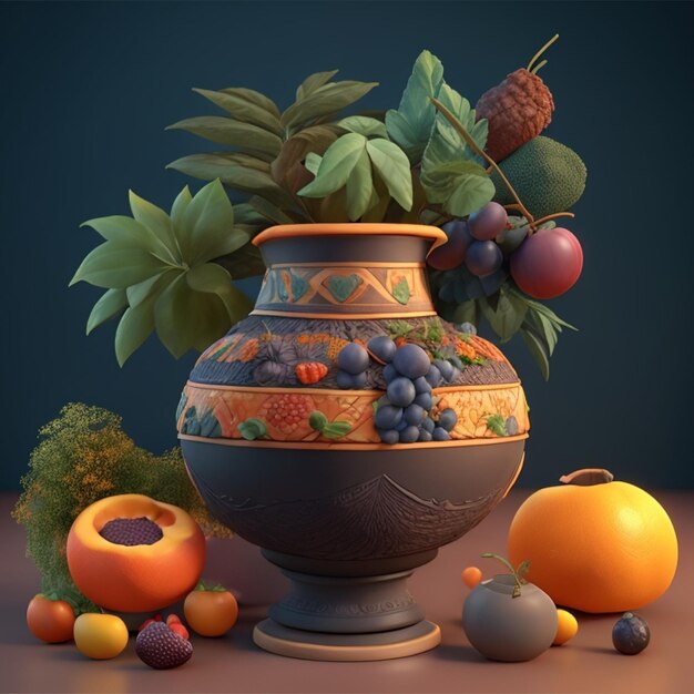 Foto 3d renderizado vaso de natureza morta com folhas e comida brasileira e ilustração de vaso de plantas